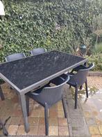 Tuinset tafel met glasplaat en 4 stapelbare stoelen, Tuin en Terras, Tuintafels, Ophalen, Gebruikt, Rechthoekig, Aluminium