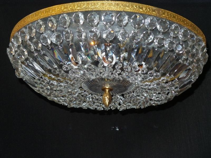 Grote oude kristallen plafonniere heeft verguld messingframe, Ophalen of Verzenden, Gebruikt
