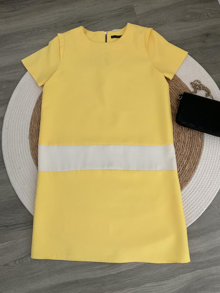 Zara / leuke / Geel-Witte Jurk Maat L, Verzenden, Geel, Maat 42/44 (L), Zo goed als nieuw