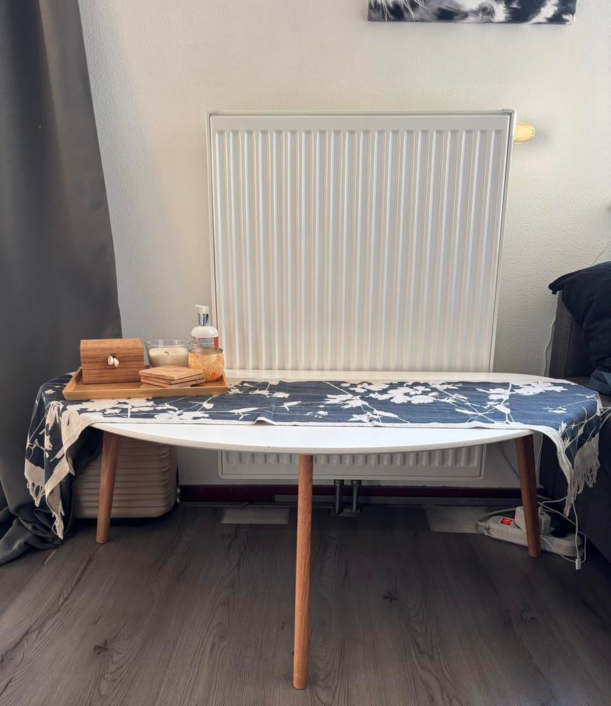 Salontafel JYSK LEJRE (60x120) - Wit/Naturel Eiken - Ovaal, Ophalen, Gebruikt, 100 tot 150 cm, Eikenhout