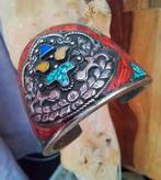 Verzilverd cuff klemarmband met lapis lazuli, glas en koraal, Ophalen of Verzenden