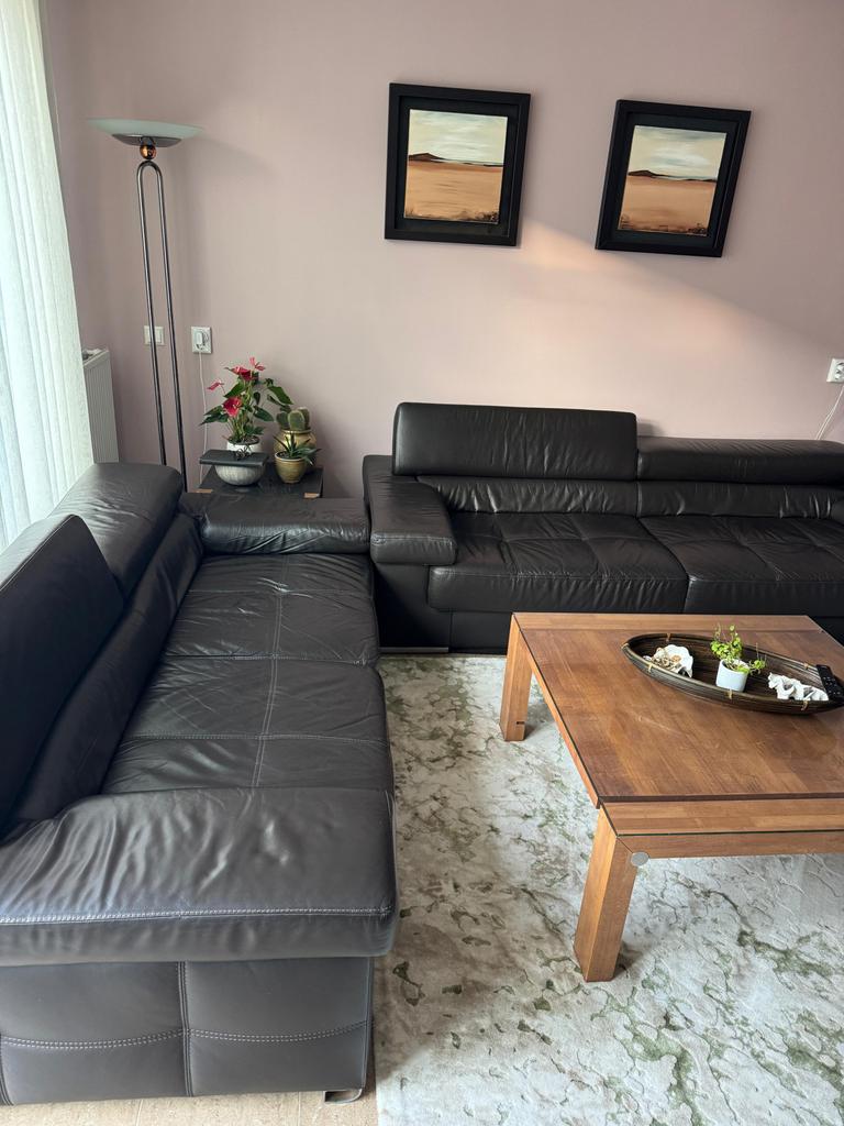 Donkerbruine leren Bank, Huis en Inrichting, Banken | Bankstellen, Ophalen, Gebruikt, Rechte bank, Vierpersoons of meer