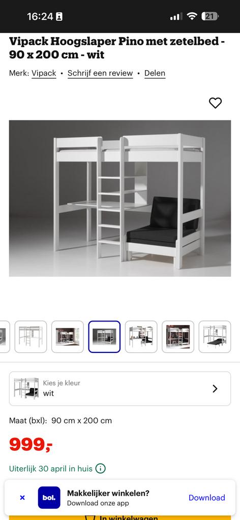 Stapelbed/hoogslaper met bureau, Ophalen, 90 cm, Eenpersoons, Wit