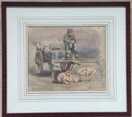 Jan Striening (1827-1903) - Man met hondenkar (aquarel), Antiek en Kunst, Ophalen of Verzenden