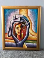 Kleurig schilderij B. Long op kokos 60x70cm met lijst goud, Ophalen