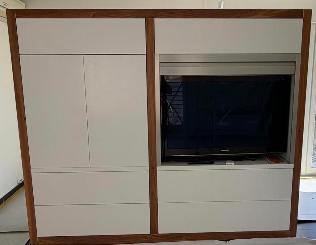 Wandkast op maat van afzefia hout met rolluik, Ophalen, Gebruikt, 150 tot 200 cm, 25 tot 50 cm