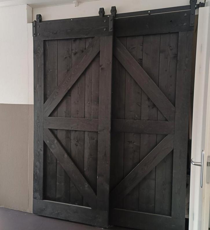 2 Steigerhouten Schuifdeuren met Rail - 99,5x235 cm, Doe-het-zelf en Verbouw, Deuren en Horren, Gebruikt, Binnendeur, 215 cm of meer