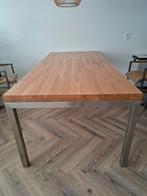 Eiken eettafel 220 met RVS poten ( optie: 6 leren stoelen), Ophalen, Gebruikt, 200 cm of meer, 50 tot 100 cm
