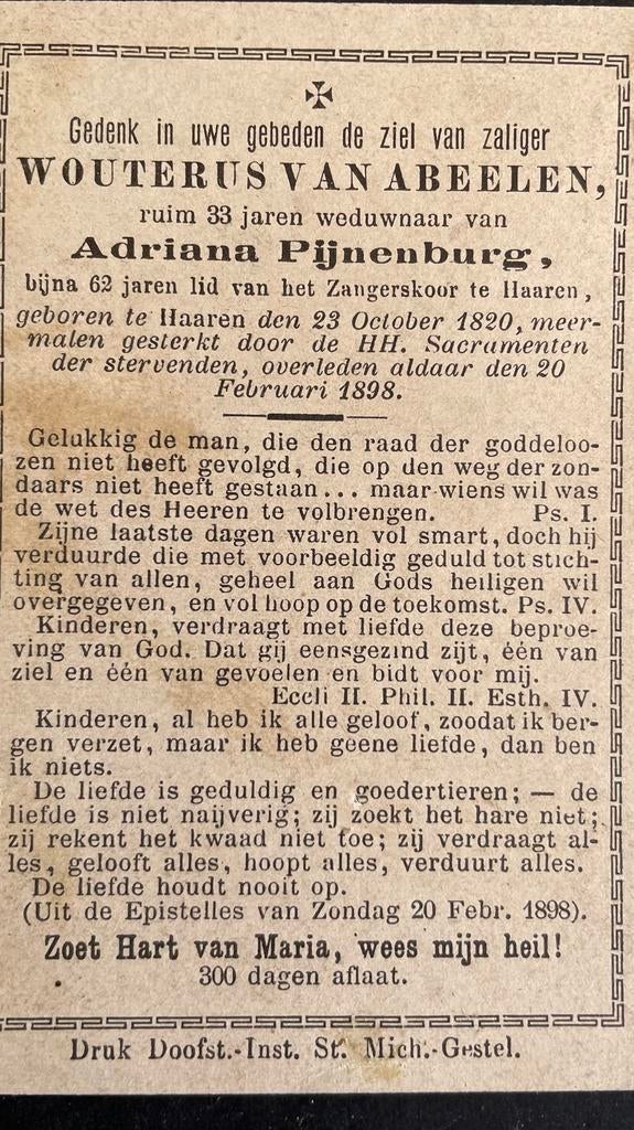 Wouterus van Abeelen 1829 Haaren, Verzamelen, Bidprentjes en Rouwkaarten, Ophalen of Verzenden