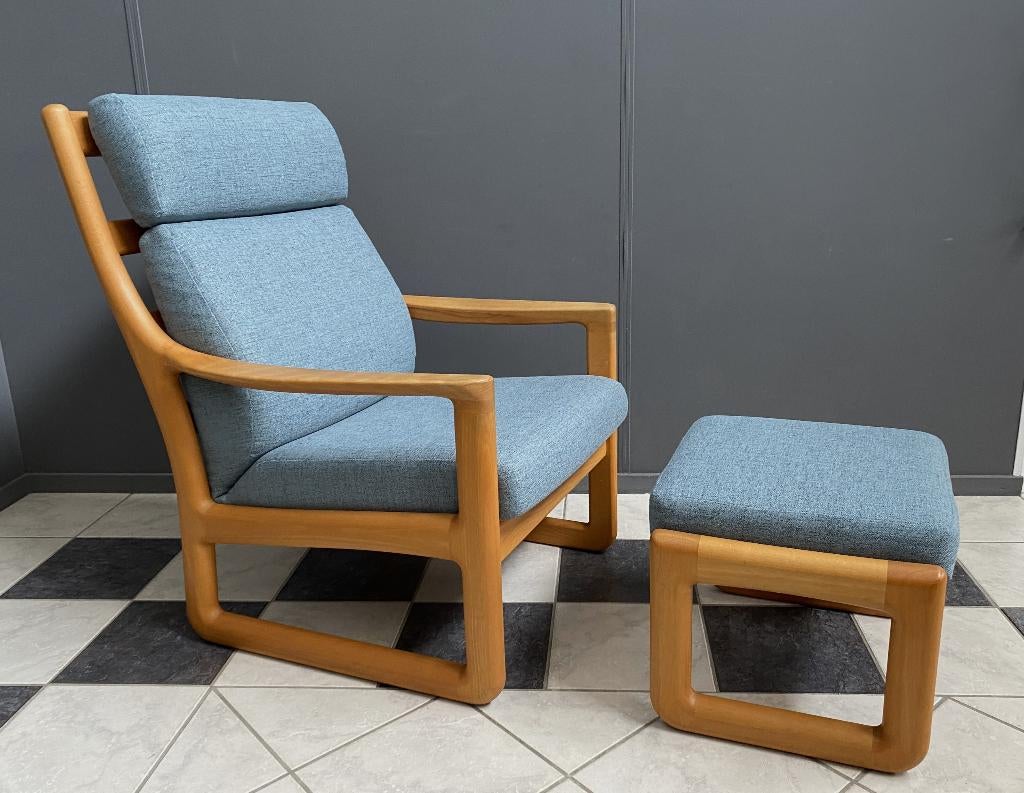 60 jaren SILKEBORG fauteuil & hocker stof NIEUW blauwgrijs, Ophalen, Gebruikt, Vintage, 75 tot 100 cm