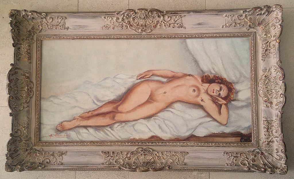 Liggend naakt op bed ca. 1950 - ges. A. Lemarchand, Antiek en Kunst, Ophalen of Verzenden