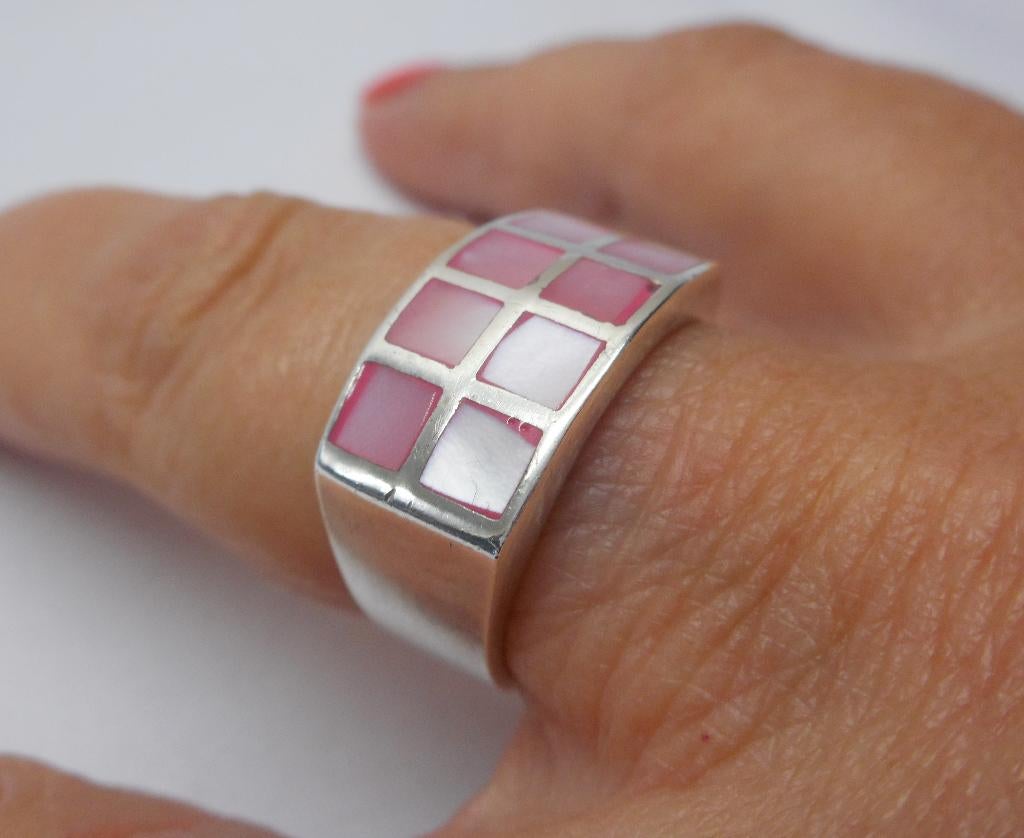 Zilveren massieve vintage ring met parelmoer maat 17 nr.737