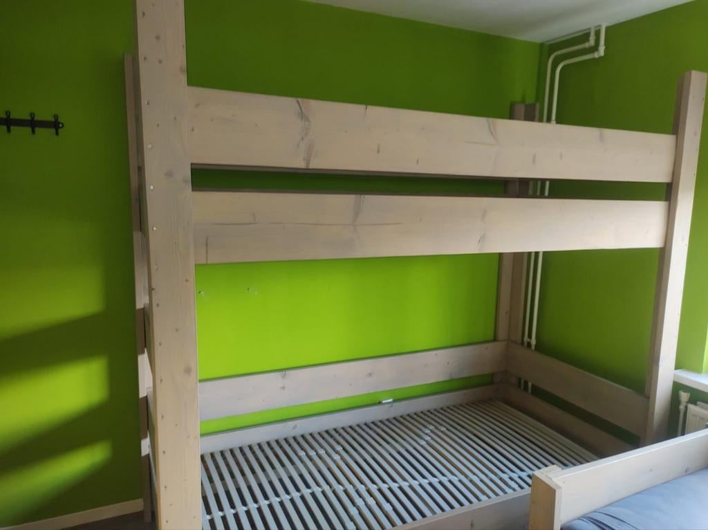 Stevig stijgerhouten stapelbed 90x200cm, Huis en Inrichting, Slaapkamer | Stapelbedden en Hoogslapers, Ophalen, 100 cm, 210 cm