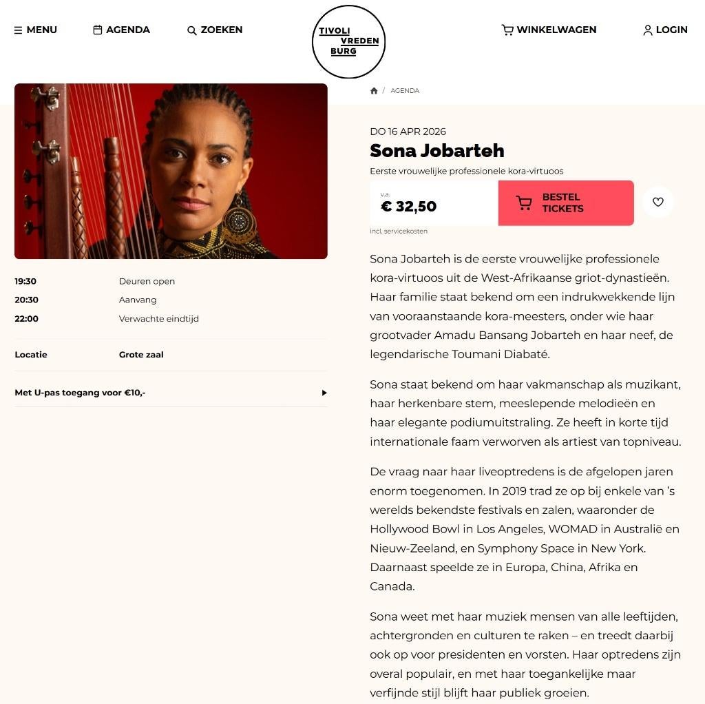Sona Jobarteh, 16 april, rij 2 Tivoli Vredenbrug, Eén persoon, April