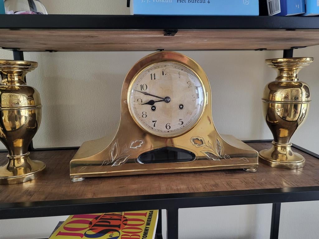 Antieke koperen klok met bijpassende vazen, Antiek en Kunst, Antiek | Klokken, Ophalen