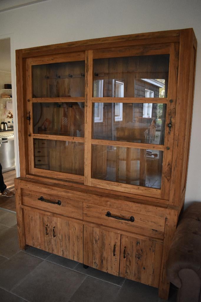 Robuuste buffetkast/vitrinekast, gerecycled teakhout, Huis en Inrichting, Ophalen, Gebruikt, 200 cm of meer, 125 cm of meer