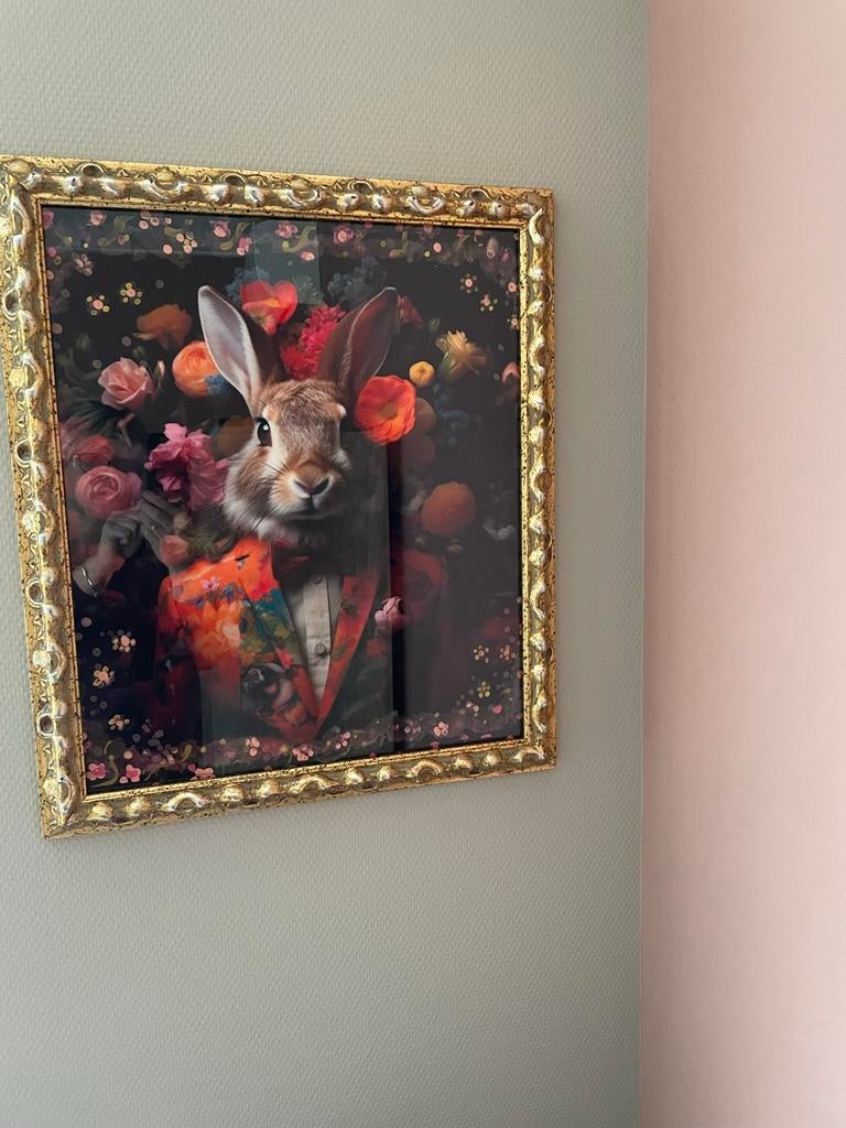 Gouden lijst met kleurrijk konijn, Ophalen, Overige materialen, Minder dan 50 cm, 50 tot 75 cm