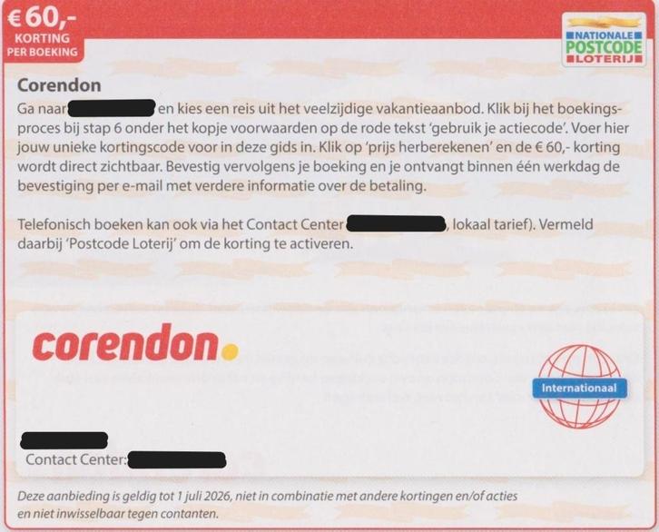 Corendon € 60,- korting. Postcodeloterij kortingsbon., Tickets en Kaartjes, Hotelbonnen, Drie personen of meer, 3 overnachtingen of meer
