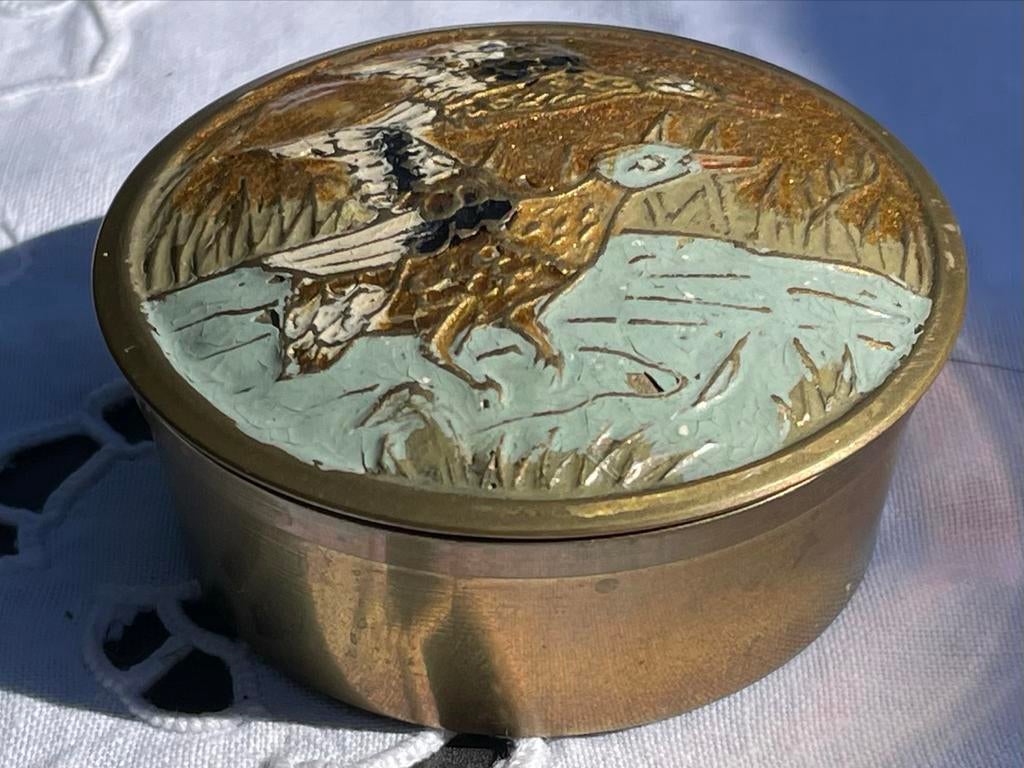 Vintage messing doosje met geëmailleerde eend, Antiek en Kunst, Antiek | Overige Antiek, Ophalen of Verzenden
