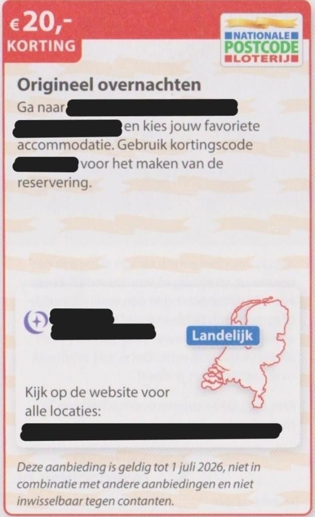 Origineel overnachten. € 20,- korting. Postcodeloterij bon., Drie personen of meer, 3 overnachtingen of meer