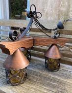 Rustieke hanglamp van hout koper staal en glas, Ophalen