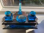 Antiek blauw glazen inktstel op een houten plateau, Ophalen of Verzenden