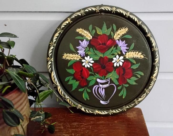 Vintage houten wandbord - beschilderd met bloemen, Antiek en Kunst, Curiosa en Brocante, Ophalen of Verzenden