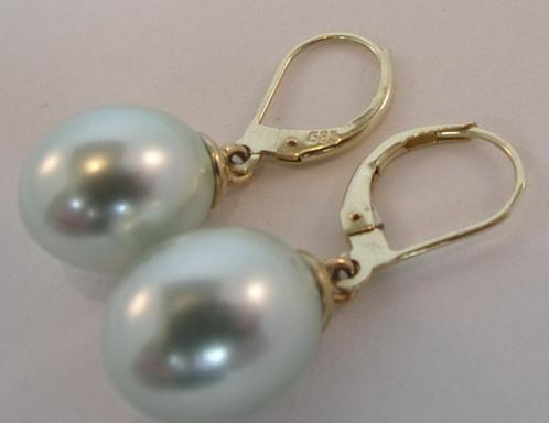Nieuwe oorhangers geelgoud 585 met zilvergrijze parels, Sieraden, Tassen en Uiterlijk, Oorbellen, Nieuw, Hangers, Goud, Grijs