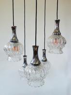 vintage cascade hanglamp chroom glas, vijf lichtpunten., Gebruikt, Vintage, Ophalen of Verzenden, Glas