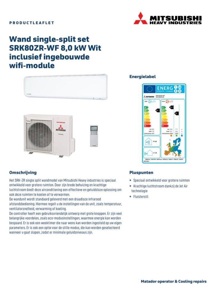Airconditioning Mitsubishi Heavy Industries 8 KW, Witgoed en Apparatuur, Airco's, Zo goed als nieuw, Wandairco, 100 m³ of groter