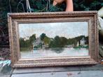 Schilderij Olieverf/Paneel/Sierlijst "Huizen aan de Vecht", Antiek en Kunst, Kunst | Schilderijen | Klassiek, Ophalen of Verzenden