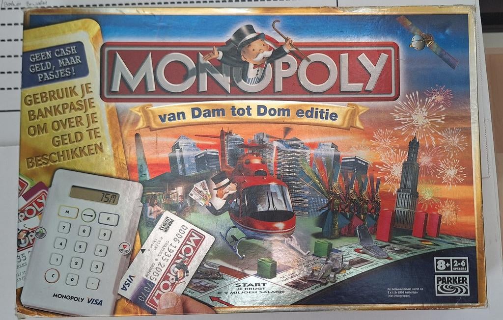 Monopoly van Dam tot Dom Editie met Bankpas Betaalsysteem, Vijf spelers of meer, Ophalen of Verzenden, Gebruikt, Parker