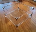 Plexiglas salontafel met glasplaten,  metalen/messing hoek, Ophalen, Gebruikt, Vierkant, Glas
