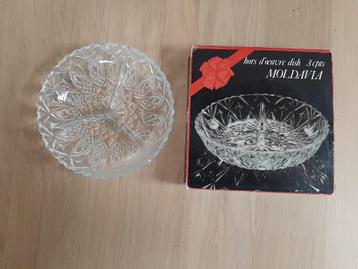 Vintage franse glazen drie-vaks schaal beschikbaar voor biedingen