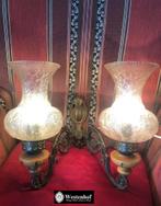 2 Arms antieke wandlamp barok koper brons - lampenkap glas, Huis en Inrichting, Lampen | Wandlampen, Ophalen of Verzenden, Glas