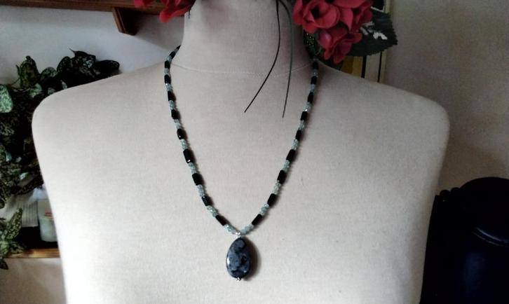 Ketting Stralend Labradoriet Zwart Agaat Aquamarijn Uniek XL, Sieraden, Tassen en Uiterlijk, Kettingen, Nieuw, Steen of Mineraal