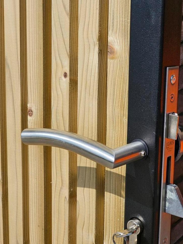 Nieuw moderne tuinpoort lijnprofiel, zwart staal, hout poort, Tuin en Terras, Tuinpoorten, Nieuw, Draaipoort, Hout, 150 tot 200 cm