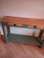 Stijlvolle groene sidetable met houten blad in topstaat, Huis en Inrichting, Tafels | Sidetables, Ophalen, 100 tot 150 cm, Eikenhout