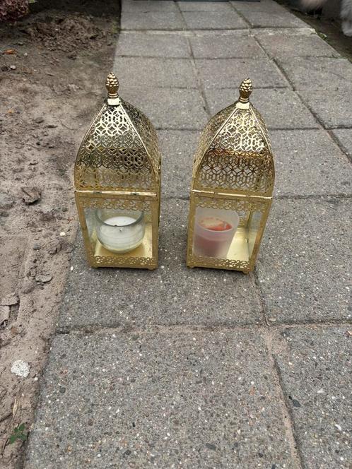 Gouden lantaarns – set van 2 – 30 cm hoog, Huis en Inrichting, Woonaccessoires | Kandelaars en Kaarsen, Zo goed als nieuw, 25 tot 50 cm