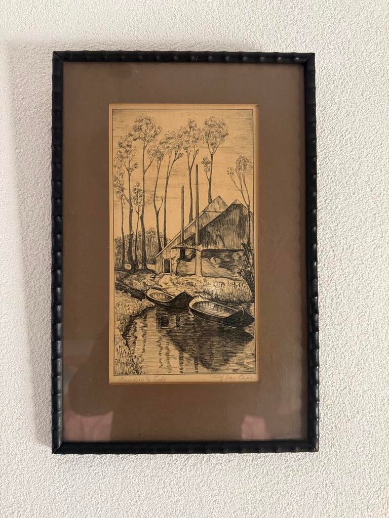 G van laar oude tekening van boerderij a/d Vecht, Antiek en Kunst, Ophalen of Verzenden