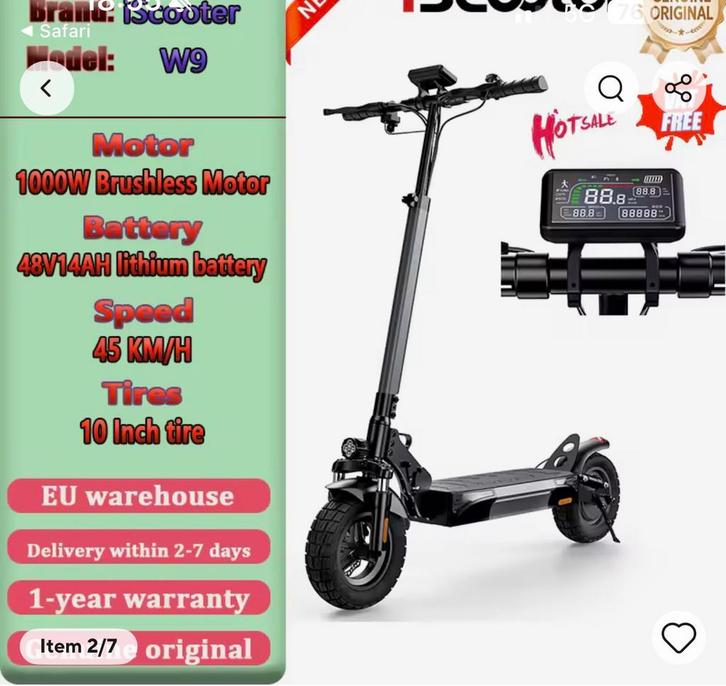 iScooter W9 Elektrische Step - 1000W, 45km/u, Fietsen en Brommers, Steps, Zo goed als nieuw, Elektrische step (E-scooter), Ophalen of Verzenden