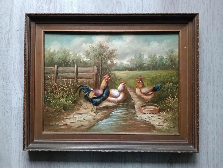 Landschap met drie kippen bij een waterloop - gesign, Antiek en Kunst, Kunst | Schilderijen | Klassiek, Ophalen of Verzenden