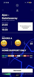 2 tickets naast elkaar Ajax - Galatasaray CL, Twee personen, Januari, Europa of Champions League