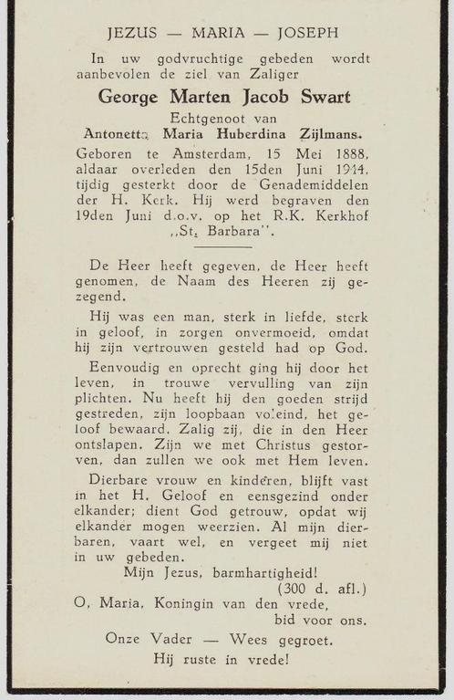 Amsterdam 1888 - 1944 George Swart, Verzamelen, Bidprentjes en Rouwkaarten, Bidprentje, Ophalen of Verzenden