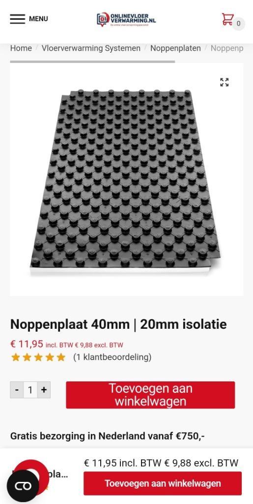 Noppenplaten met isolatie vloerverwarming, Doe-het-zelf en Verbouw, Verwarming en Radiatoren, Gebruikt, Overige typen, 800 watt of meer