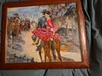 Schilderij van een paardrijdende dame in rode jurk, Ophalen of Verzenden