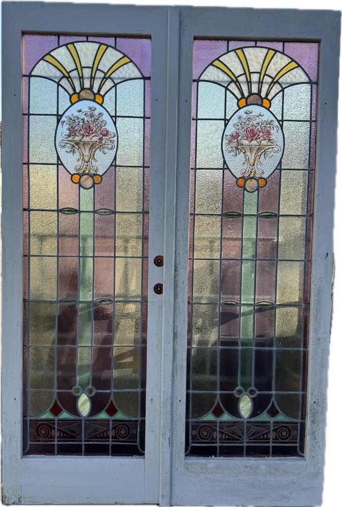 Set Jugendstil openslaande glas in lood deuren 207x138cm., Antiek en Kunst, Curiosa en Brocante, Ophalen