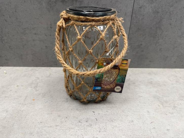 Solar lamp in glazen pot met touw decoratie NIEUW - C1247, Caravans en Kamperen, Kampeeraccessoires, Nieuw, Ophalen of Verzenden