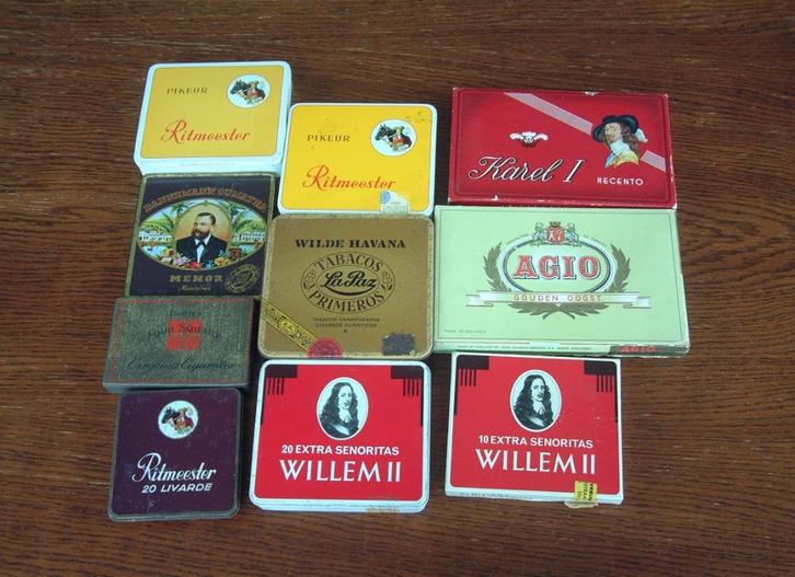 10 oude sigaren en sigaretten blikjes en doosjes, Verzamelen, Rookartikelen, Aanstekers en Luciferdoosjes, Tabaksdoos of Verpakking
