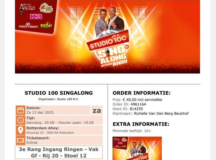 2 Tickets Studio 100 Sing a Long 13 december Ahoy, Tickets en Kaartjes, Evenementen en Festivals, Twee personen